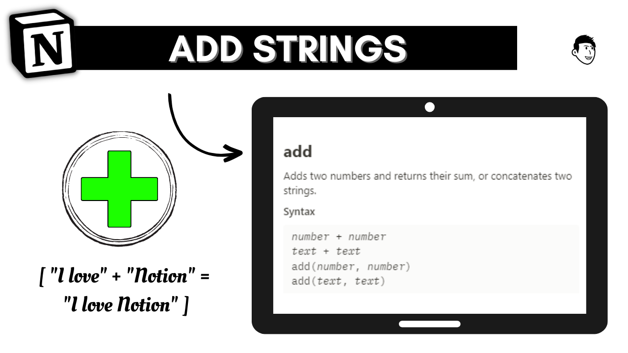 How to add 2 strings together in Notion, add strings in notion, add operator, operator