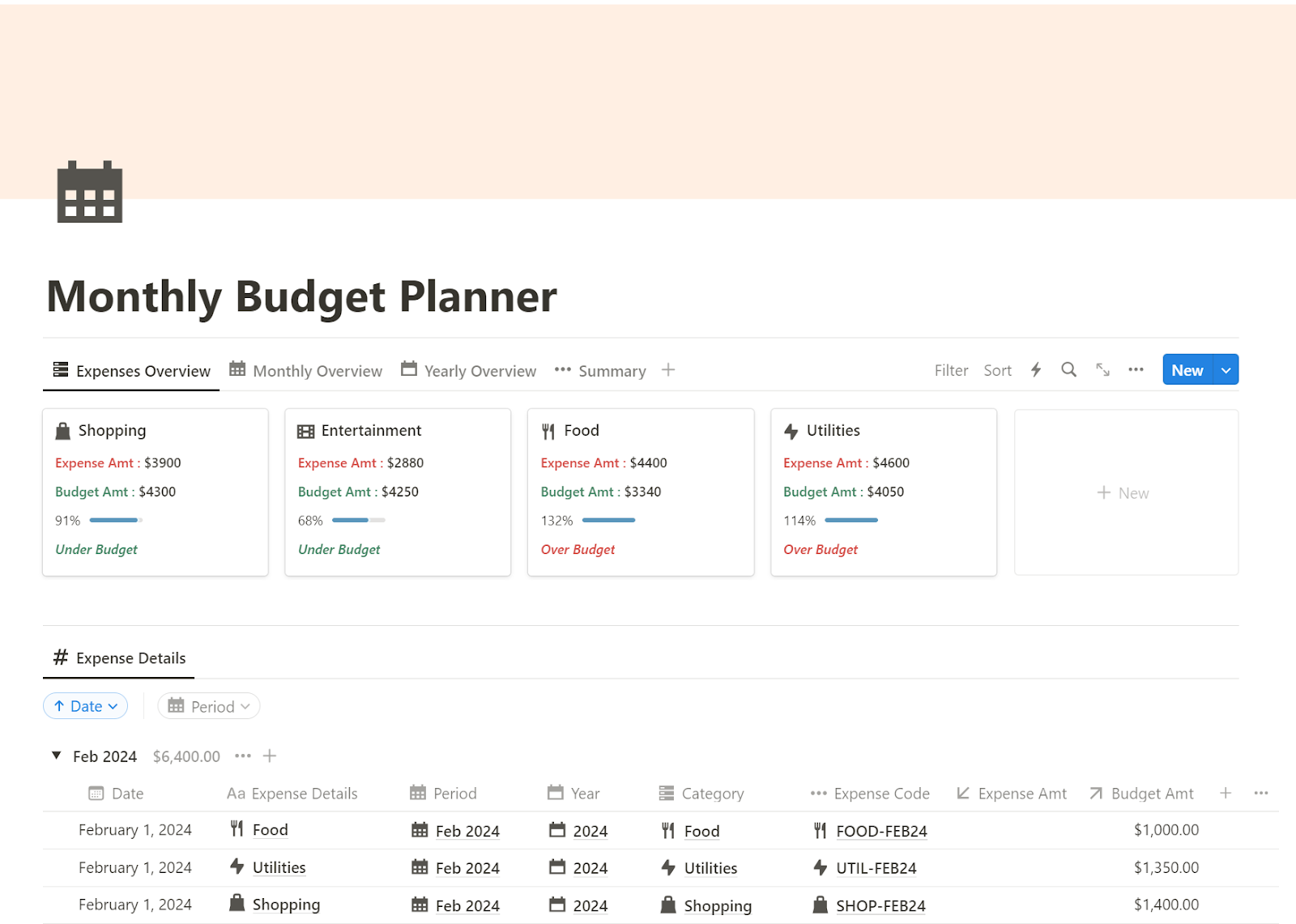 Expenses Overview of Notion Monthly Budget Planner