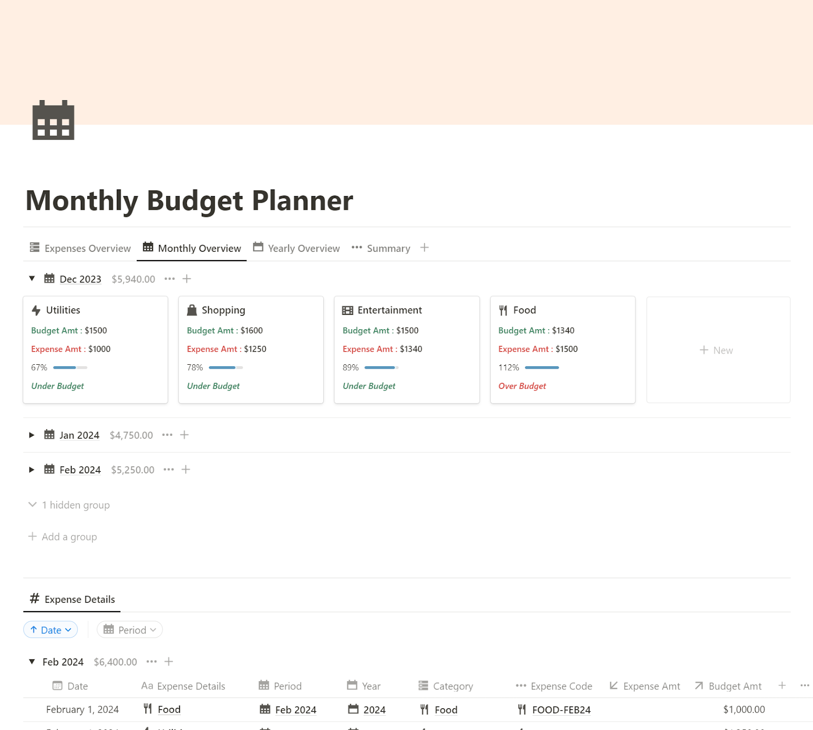 Monthly Overview of Notion Monthly Budget Planner