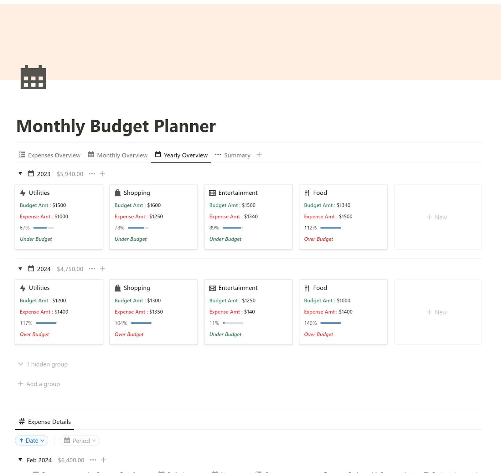 Yearly Overview of Monthly Budget Planner