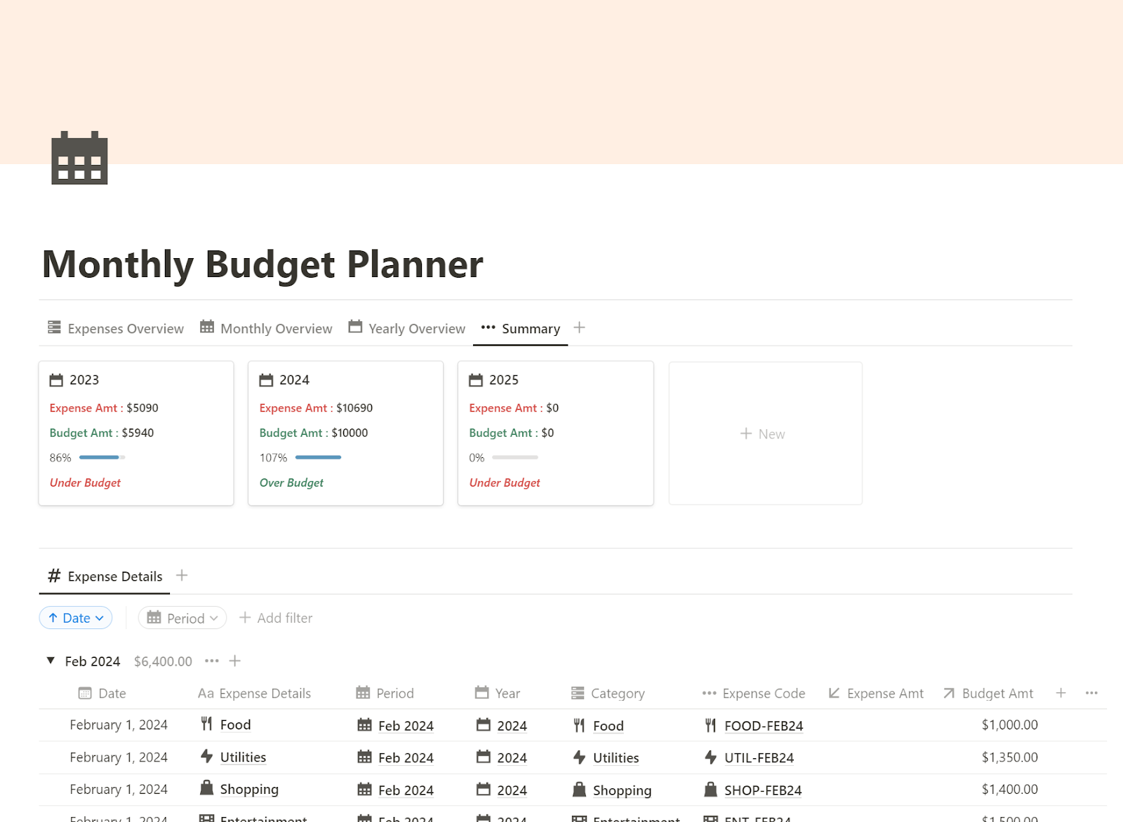 Summary view of Notion Budget Planner